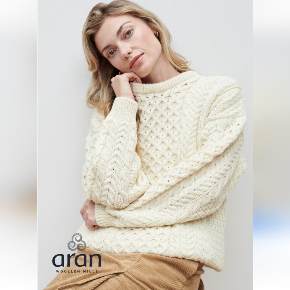 ARAN | 💯 irish wool fisherman sweater cable knit cream sz XS